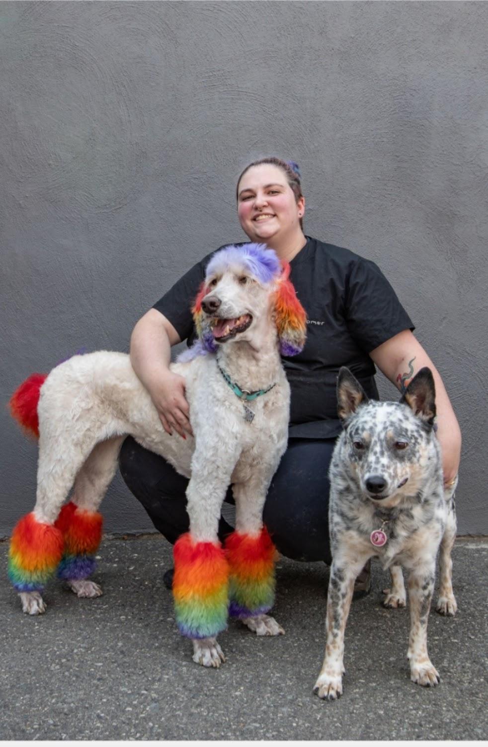 Katy, the groomer, with two colorful groomed dogs